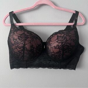 Frederick's of Hollywood Black Lace Longline Bra with Nude Lining Size 42D